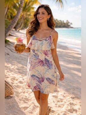 L love Tropical Print Mini Dress in Cream with Pink Blue Cream Vacation Cruise